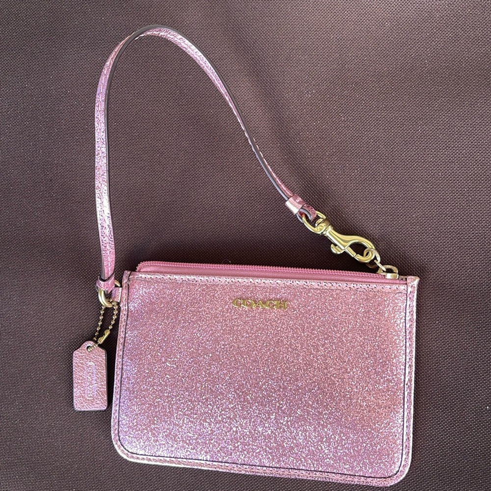 Coach shimmery pink wristlet w dog tag 2 interior credit card slots